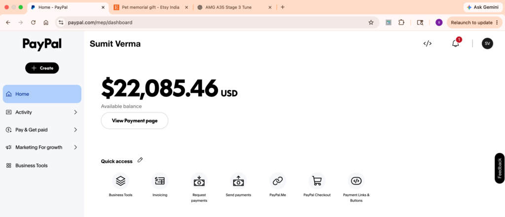 PayPal balance dashboard proof